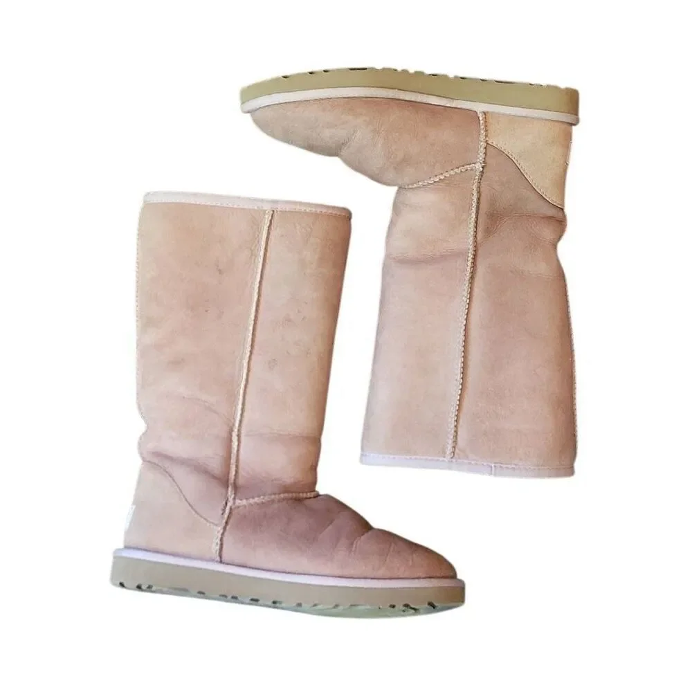 Y2K Vintage UGG Australia Boots Women's 7 Tan Leather Sheepskin Classic Tall